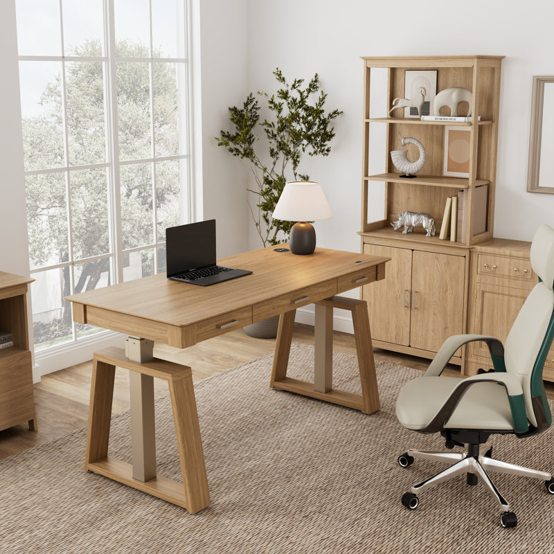 Natural Wood Style Electric Standing Desk with 3 Drawers home office desk