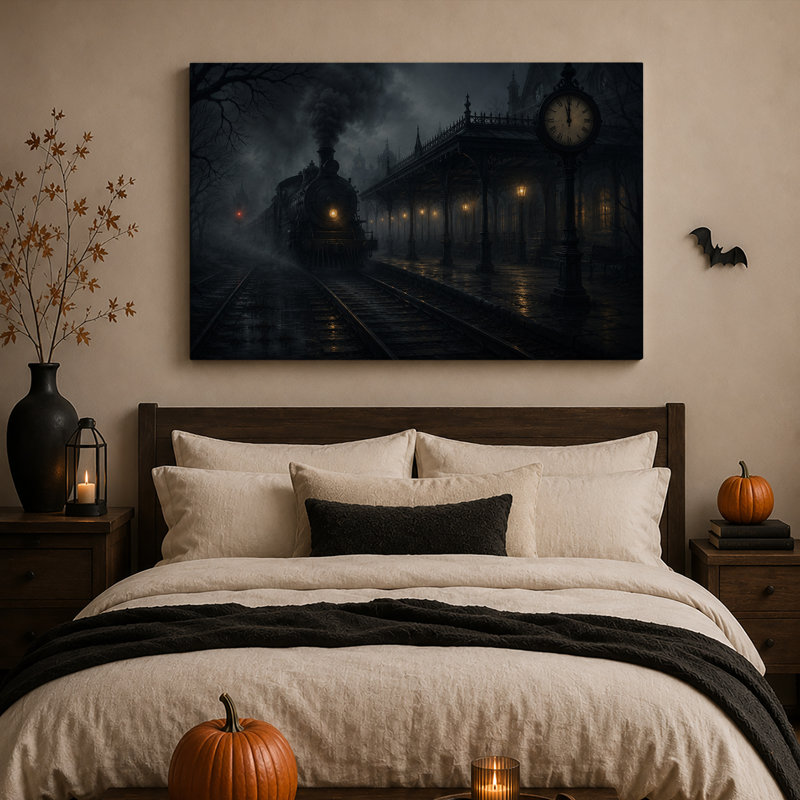 Art de toile d'Halloween foncé train arrivant à la station gothique, 24"H x 36"W