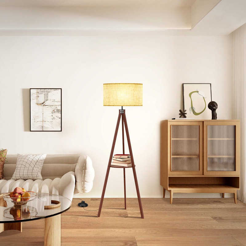  Tripod Floor Lamp, Mid Century Wood Standing Lamp, Modern Design Shelf Floor Lamp For Living Room, Bedroom, Office, Flaxen Lamp Shade With E26 Lamp Base Brown
