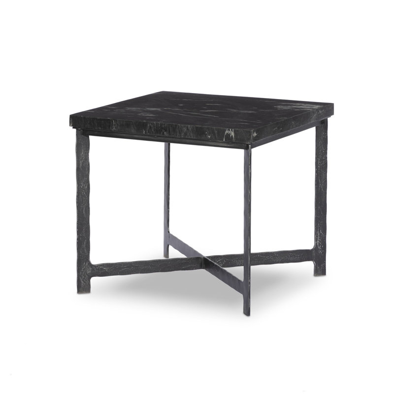Hammered Iron End Table-White Marble, Charcoal Marble Top/Hammered Black Iron Base