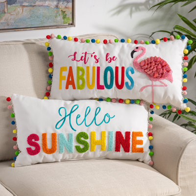 Set of 2 20-Inch Lumbar Spring Pillows – Whimsical "Hello Sunshine" and "Let's Be Fabulous" Decorative Pillows with Colorful Pom-Pom Trim