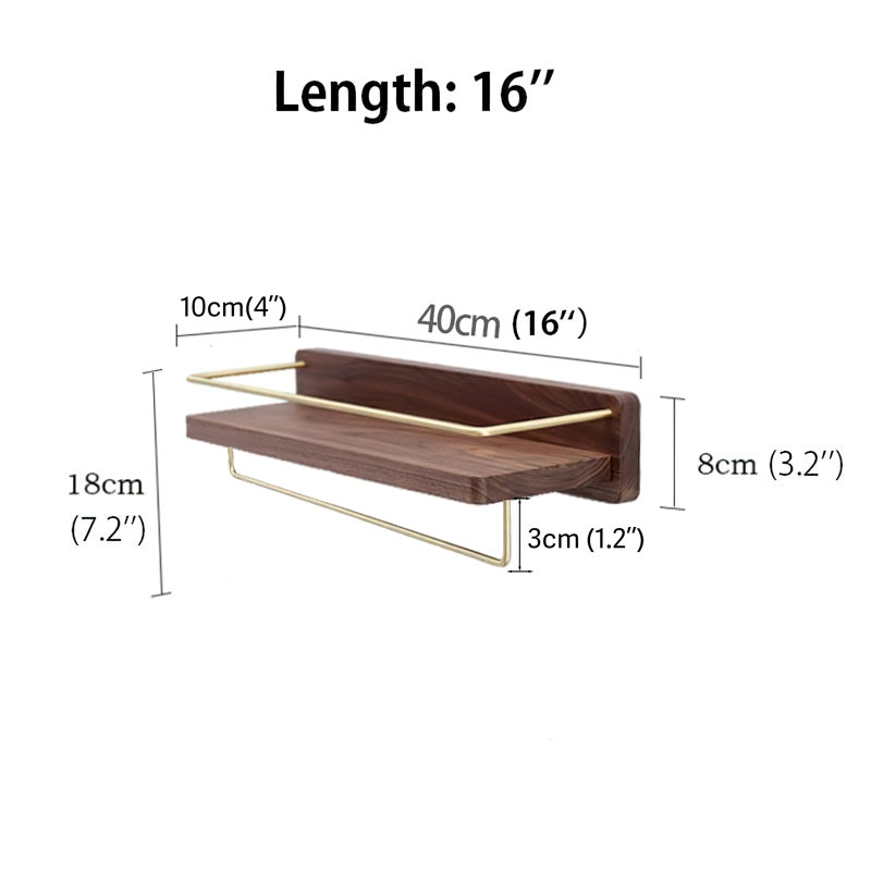 Chayane Walnut Solid Wood Floating Shelf with Towel Bar, 3.2" H x 16" W x 5.6" D