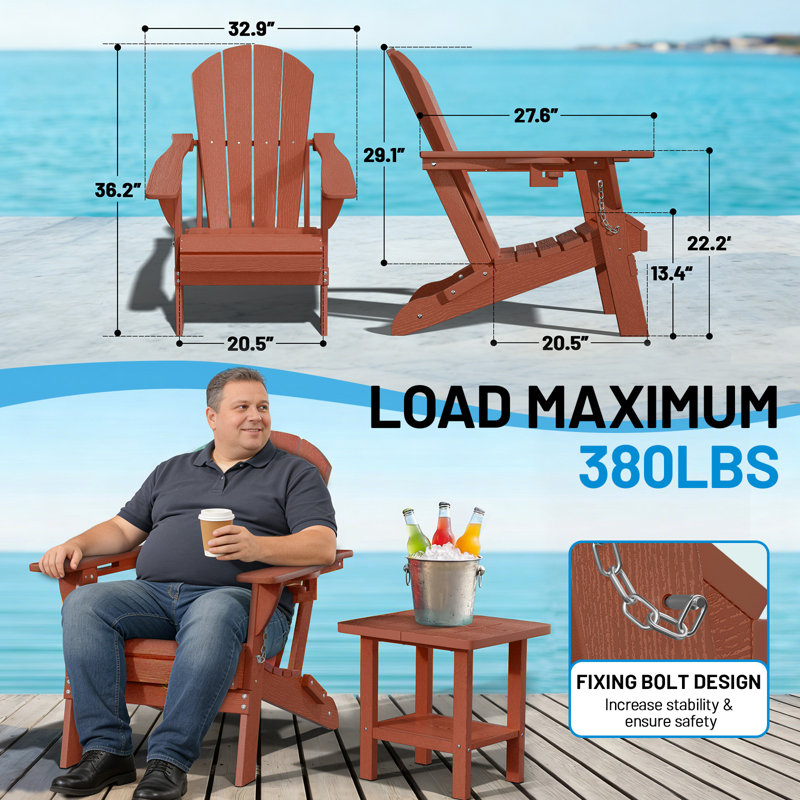 Oversized All-Weather Foldable Adirondack Chair with Cup Holder（Set of 2）, Dark Red, Set Of 2