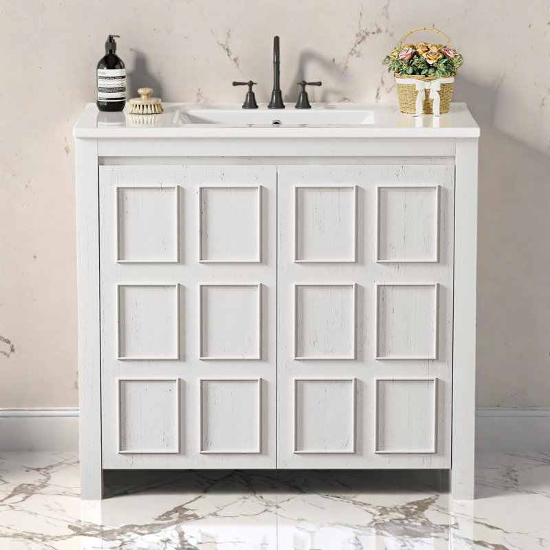 Meuble-lavabo 36 po avec lavabo en céramique et grande armoire de rangement, Blanc / blanc