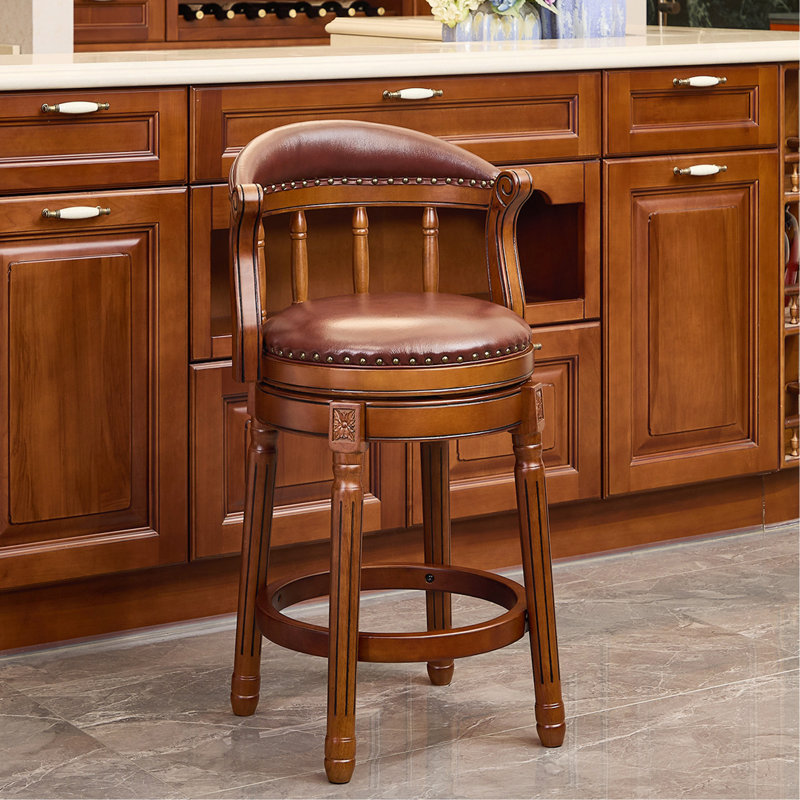 Tabourets de bar en bois et cuir de vache de 26,5 po de hauteur de siège, chaise de bar pivotante à 360 degrés avec dossier pour comptoir de cuisine