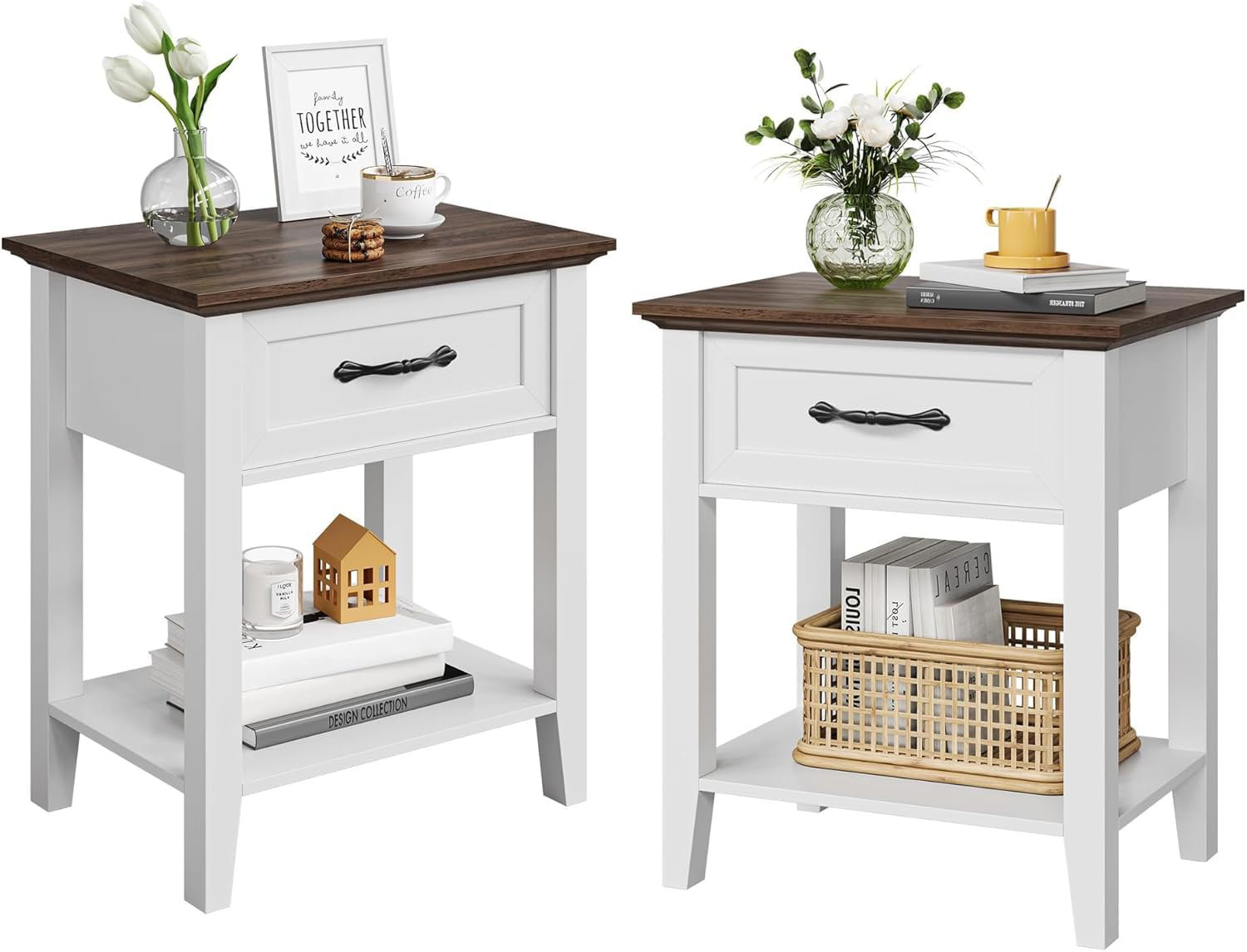 Ebern Designs Modern White Wooden Bedside Tables Set of 2 – 2-Tier ...