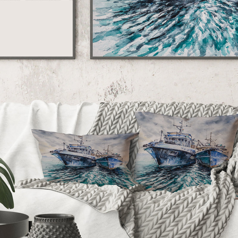 Carré, deux bateaux de pêche avant une tempête ancrée - Coussin décoratif imprimé nautique et côtier, 16" x 16"