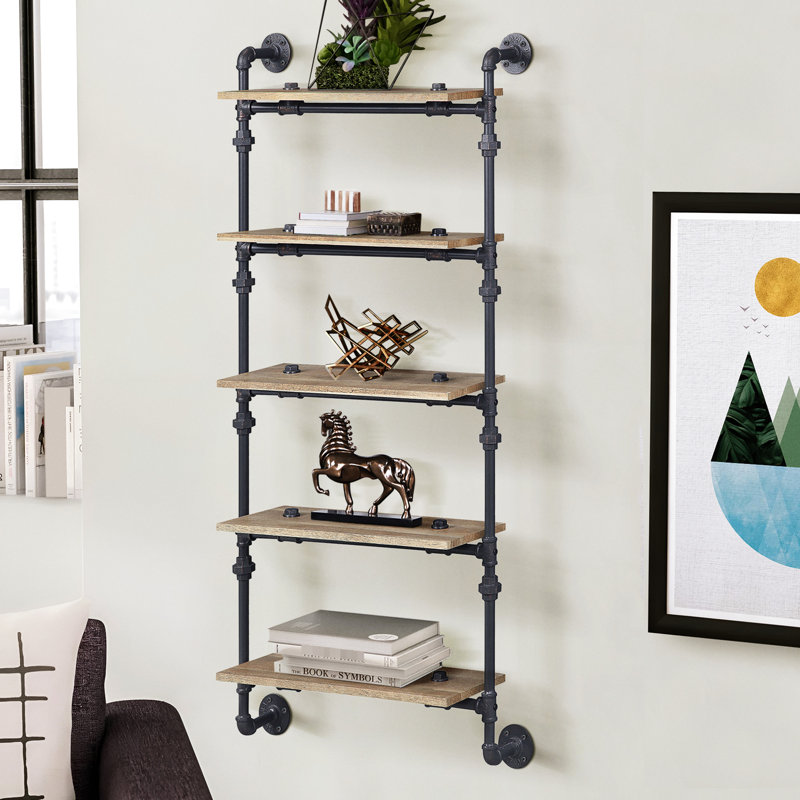 5-Shelf Wall Shelf In Rustic Look - Oak And Sandy Black, Metal For Home Frame Storage