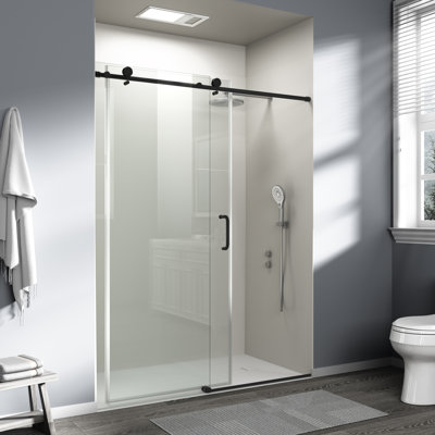 56" - 60" W x 76" H Single Sliding Frameless Shower Door, Sliding Door with 1/4" (6mm) Tempered Glass, Anti-Shatter Film for Walk-in Shower, Matte Black
