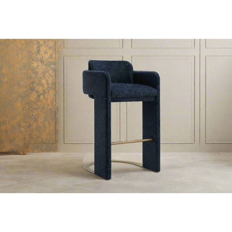 Tryphosa Upholstered Stool with Backrest, Footrest, and Sculptural Metal Base – Modern Luxury Counter Seating, Blue