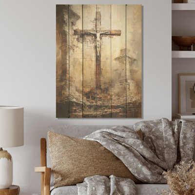 «Divine Love», croix religieuse I - Paysage religieux, art sur bois de pin naturel