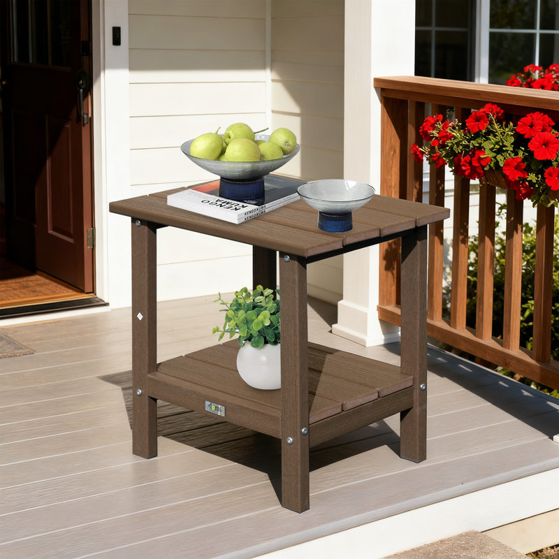HDPE Double-Tier Rectangular Patio Table All Weather Outdoor Adirondack Side Table, Brown