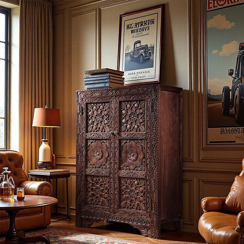 Buffet de rangement en bois massif sculpté, Brun