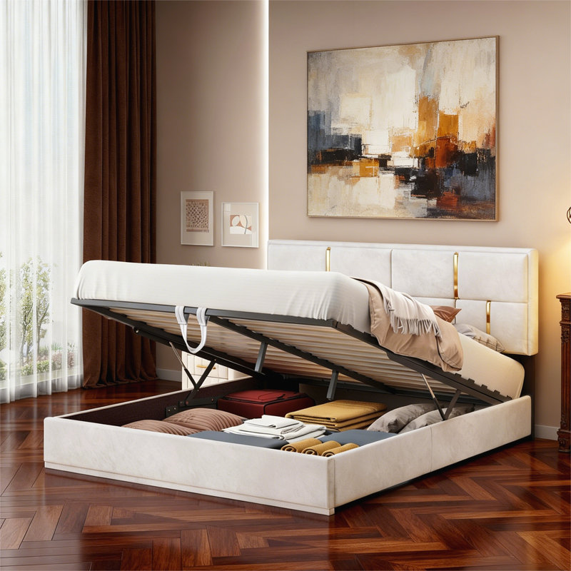 Grand lit plateforme tapissier, Beige