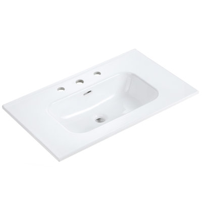 Integrated White Ceramic Basin With Three Predrilled Faucet Holes, Faucet And Drain Assembly NOT Included