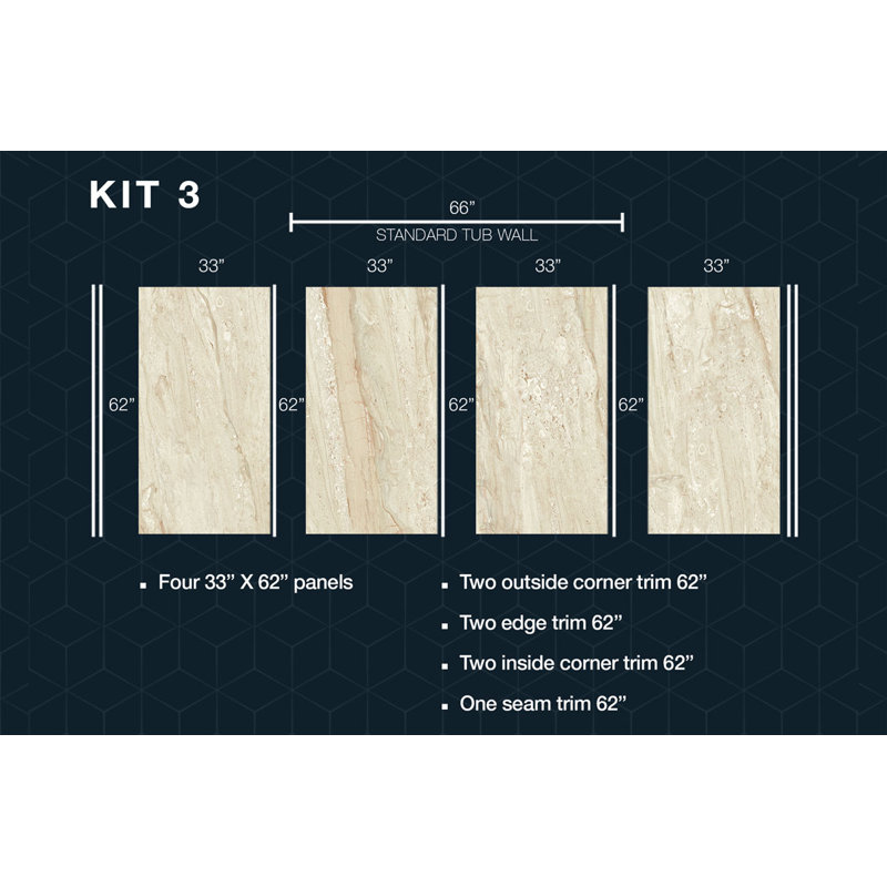 Polymarm 72" W 60" H 33" D Three Wall Composite Tub Wall Panel Surround - 72" Backwall with Seam, Diana Reale