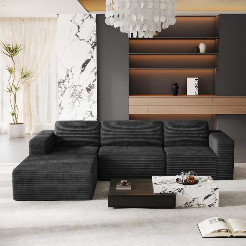 Modular Corduroy 303cm 3-seater Sofa With 1 Ottoman, No Assembly Required, With High Rebound Sponge, Black