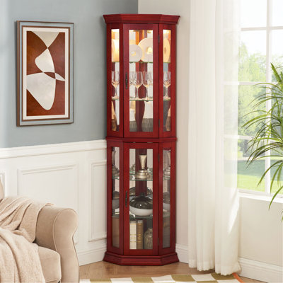 Corner Curio Cabinet Lighted Corner Display, Glass Display Shelf Shelving Bar Cabinet With Tempered Glass Door, Bar Cabinet,Cabinet With Adjustable Shelf Glass Cabinet Shelves Bead Bulb Included