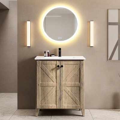 Meuble sous-sol pliable gris antique de 76 cm avec lavabo en céramique, design pliable gain de place, montage en une minute, décor texturé 3D de style américain, charnières silencieuses, facile à assembler