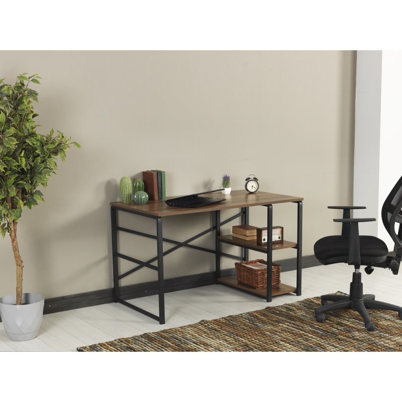 Walnut and Black Metal Frame 47" Writing Desk with Shelves