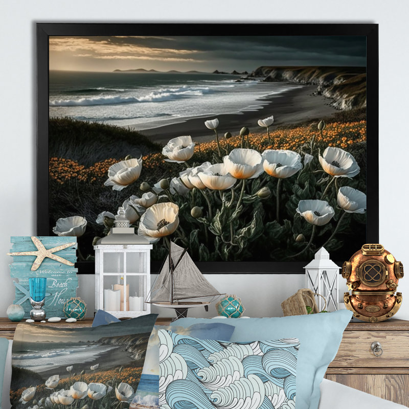 «White Flowers by the Coast II», reproduction sur toile, L 20 po x H 12 po, Impression noire sur toile encadrée
