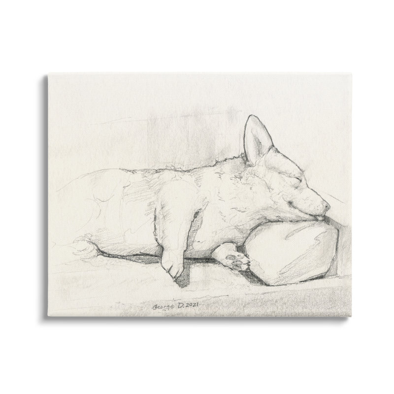 «Corgi Dog Lolling Tongue Graphite» par George Dyachenko, reproduction sur toile tendue, H 21 po x l 17 po x P 1,7 po