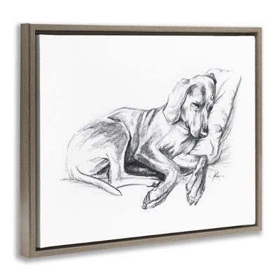 «Napping dog», dessin encadré gris sur toile flottante par Lindsay Kivi Fine Art