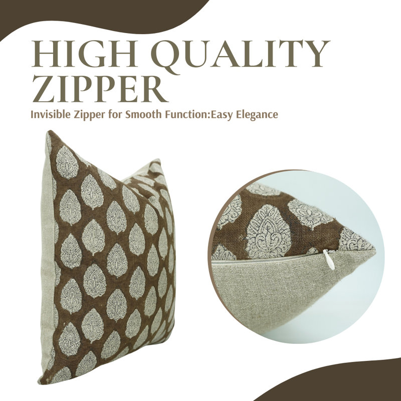 Block Print Throw Pillow Cover, 2 Thick Linen Decorative Cushion Cover, 20" x 20"