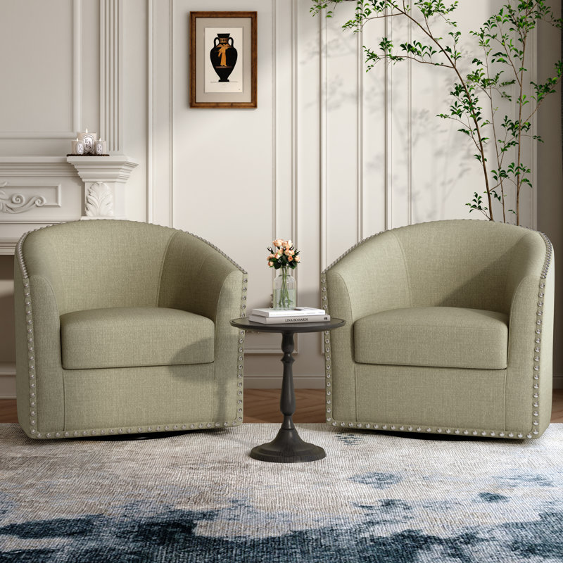 Aunna Nailhead Swivel Barrel Chair, Light Camel Polyester Blend