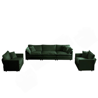 Ensemble de canapé de 3, 1 + 1 + 3 sièges, ensemble de canapé de salon, fauteuil d'appoint, causeuse et canapé à trois places, ensemble de canapés à accoudoirs ronds de style moderne 3 pièces, chenille verte
