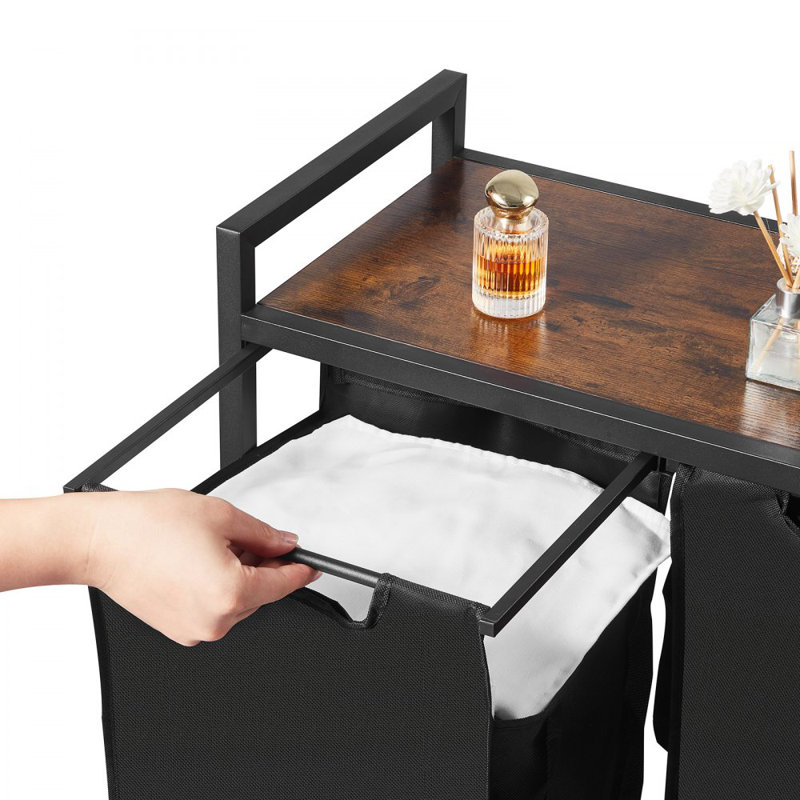 Trieur de linge à 3 sections, grand panier à linge avec cadre en métal et plateau de table en bois, paniers de rangement autoportants avec sacs en tissu Oxford rétractables 600D pour les vêtements sales, salle de bain