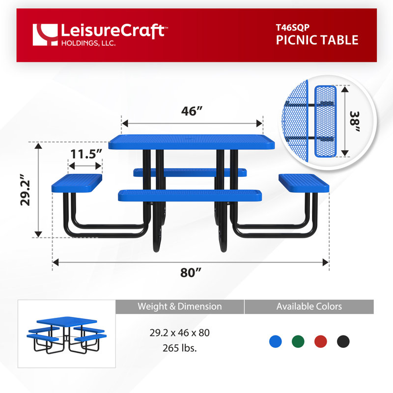Table de pique-nique d'extérieur carrée 46 po avec 4 sièges Leisure Craft, Bleu