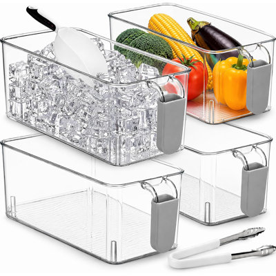 Ensemble de 4 bacs à glaçons transparents pour congélateur, seau à glaçons en plastique avec pelle flexible et pince à glaçons, récipient à glaçons avec poignée coulissante, organisateur de rangement pour aliments et boissons, bocal pour vin, fruits et autres boissons.