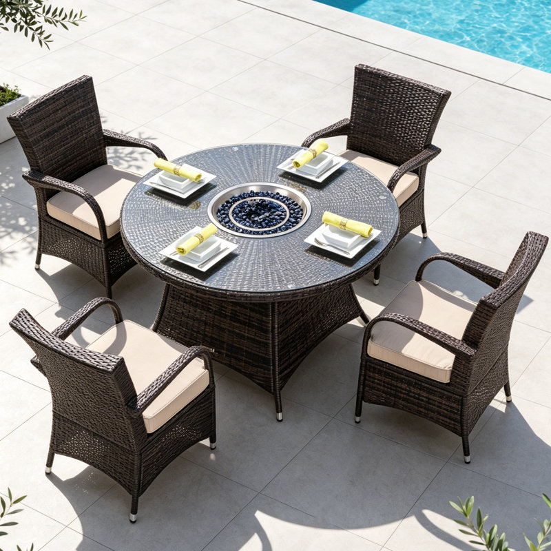 5-Piece Outdoor Aluminum Fire Pit Set With CSA Certified 50,000 BTU Table, PE Rattan Armchairs With Cushions