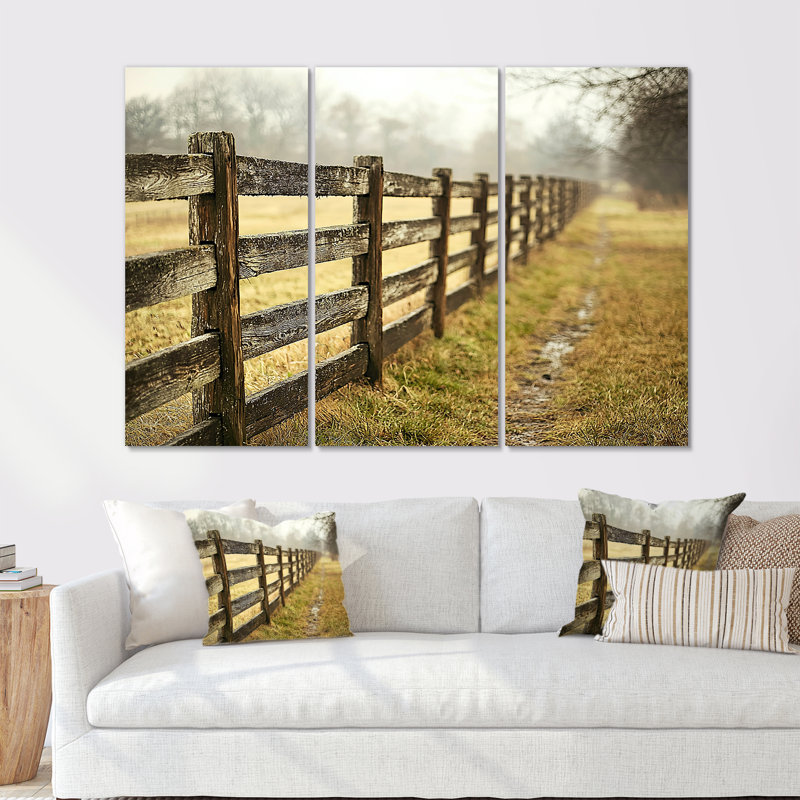 «Brown and Green Farm Landscape Rustic Fence», ensemble d'art mural de ferme, Toile tendue, H 40 po x l 60 po x P 1 po