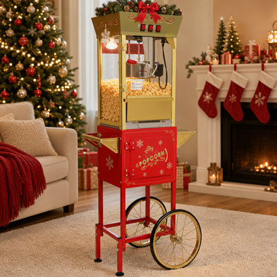 Machine à maïs soufflé commercial 12 oz, chariot à maïs soufflé, avec bouilloire en acier inoxydable, lumière chauffante et accessoires pour les fêtes à domicile et les salles de cinéma, rouge