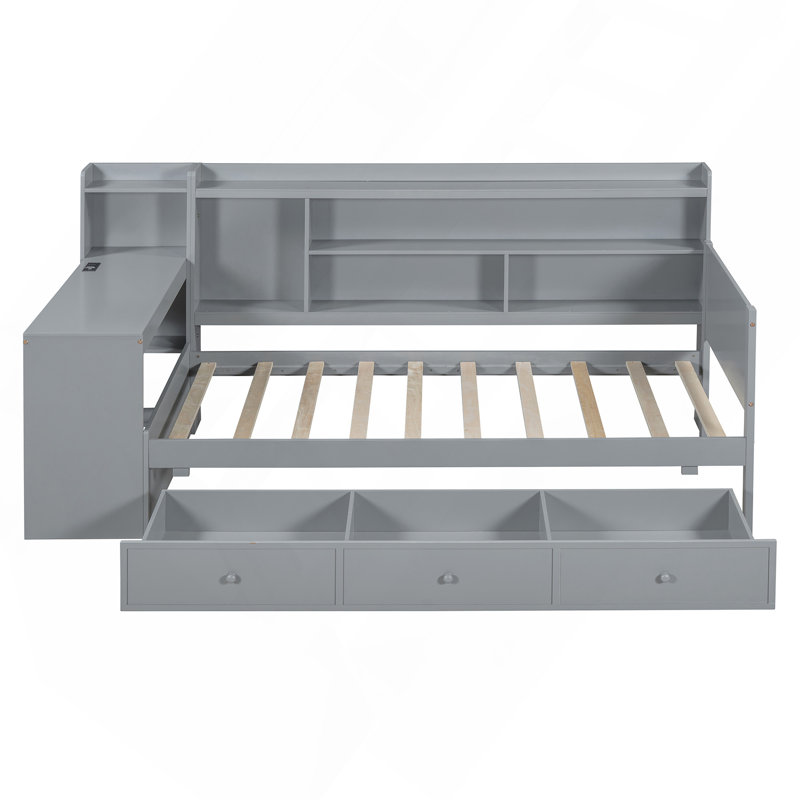 Lit de jour simple en bois avec 3 tiroirs, ports USB et bureau, Gris