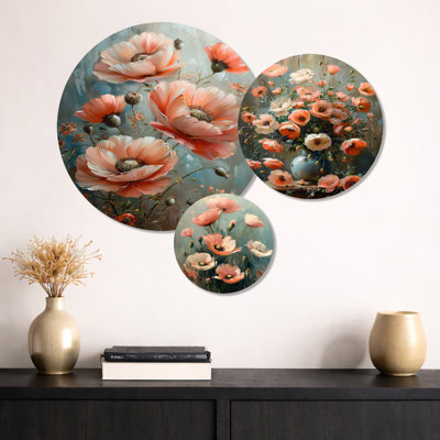 Pink Grey Poppies flowers still life Charm I – Poppies Metal Wall Decor Set of 3