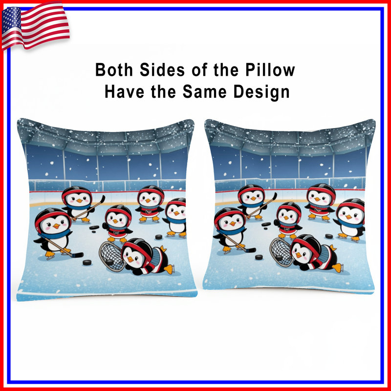 Coussins décoratifs pingouins jouant au hockey, 18 x 18 pouces
