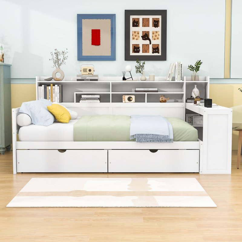 Lit de jour en bois avec tablettes de rangement et bureau d'étude, Blanc antique, Lit double