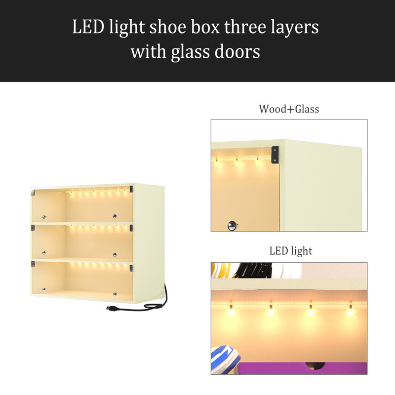 Boîte à chaussures à DEL avec trois couches et portes en verre, Blanc cassé