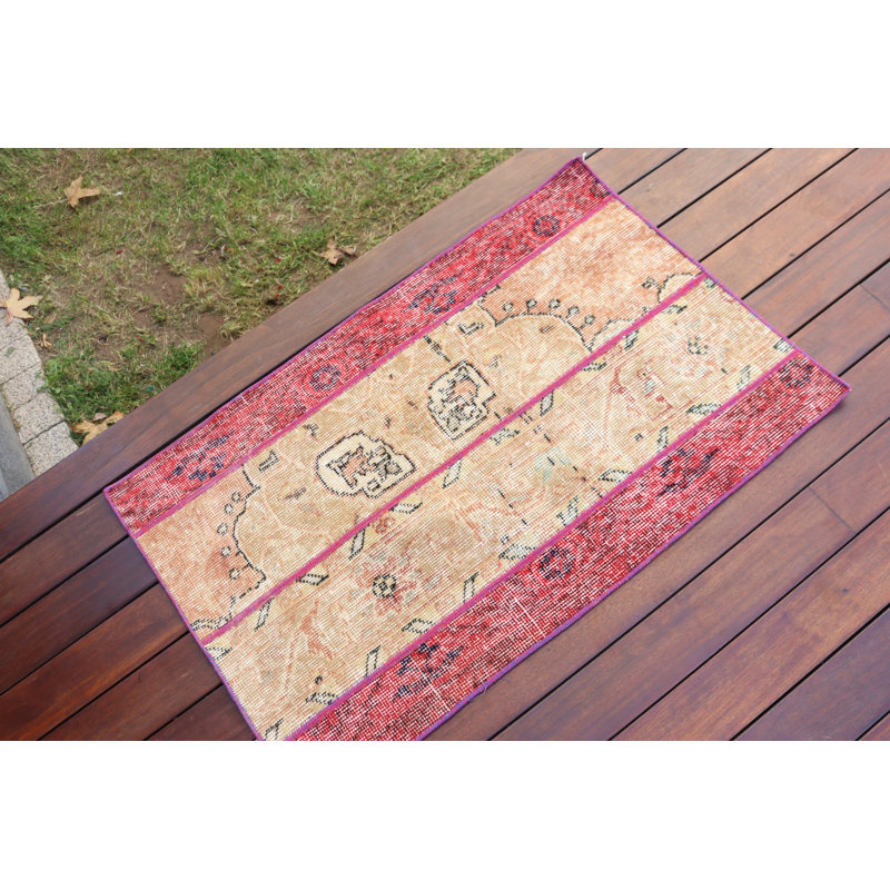 Vintage Turkish Handmade Small Area Rug in Red and Beige for Unique Bohemian Style Home Decor