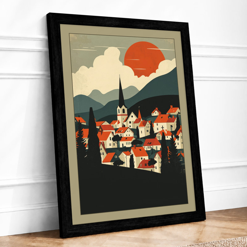 Mountain Valley Town Art Deco - Framed Print, A2 - 59.4 x 42.0 cm, Black