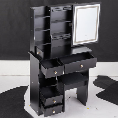 Petit meuble-lavabo de 29,2 po avec tabouret de bureau et tabouret rembourré à gauche 29,5 po, grande commande tactile, interrupteur tricolore, miroir à luminosité réglable, rangement à grande capacité, convient aux petits espaces