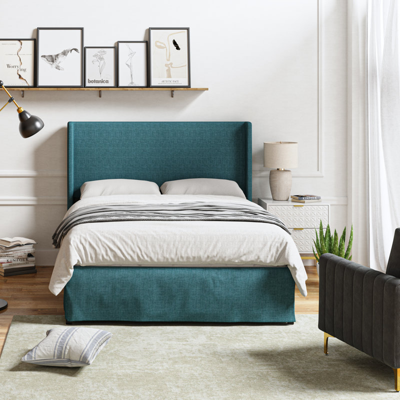 Lit plateforme tapissier Carlyon avec housse lavable et rangement sous le lit, Grand, Bleu uni