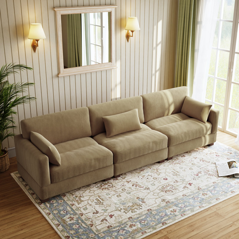 Maelina 3 - Piece Upholstered Corduroy Modular Sectional Sofa with Pillow Back and Solid Wood Legs, Camel