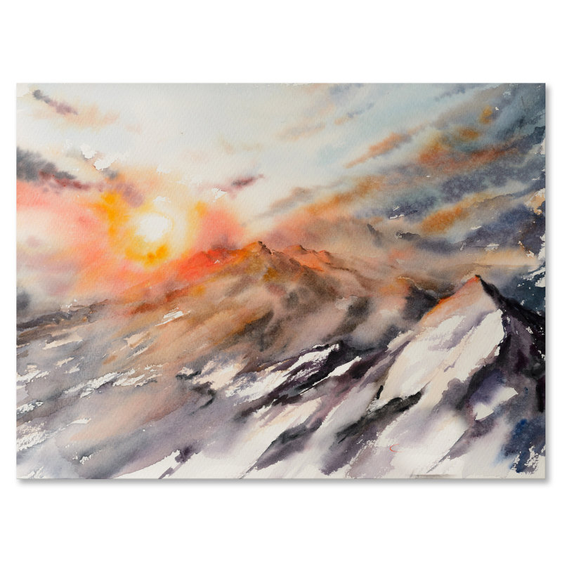 «Majestic Sunset in the Mountains Landscape», peinture sur toile, H 24 po x l 32 po x P 1 po, Toile tendue
