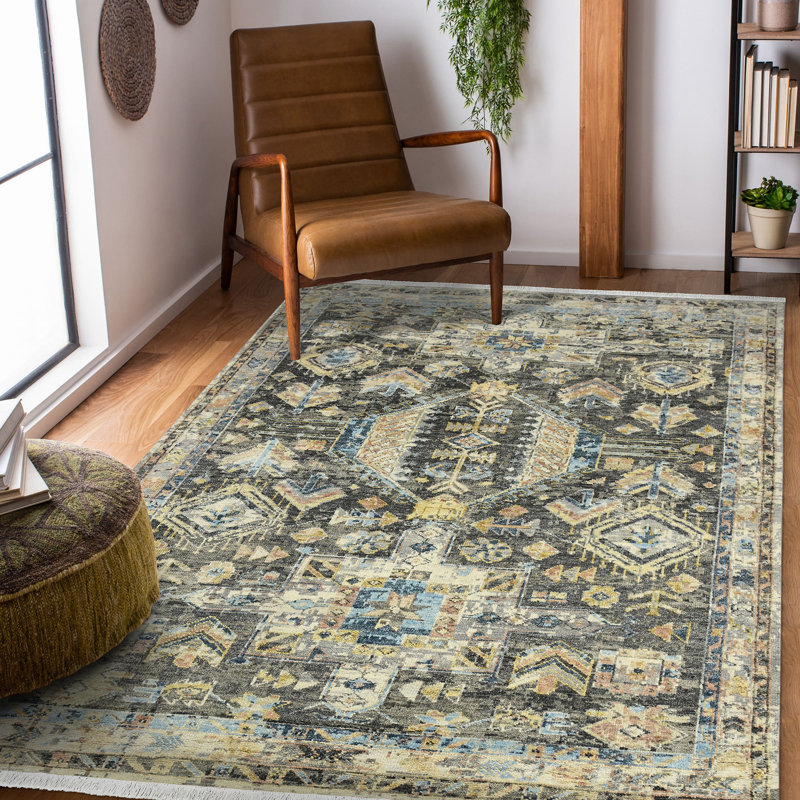 Tapis gris en laine noué à la main Southwestern, Rectangle 9 pi x 12 pi