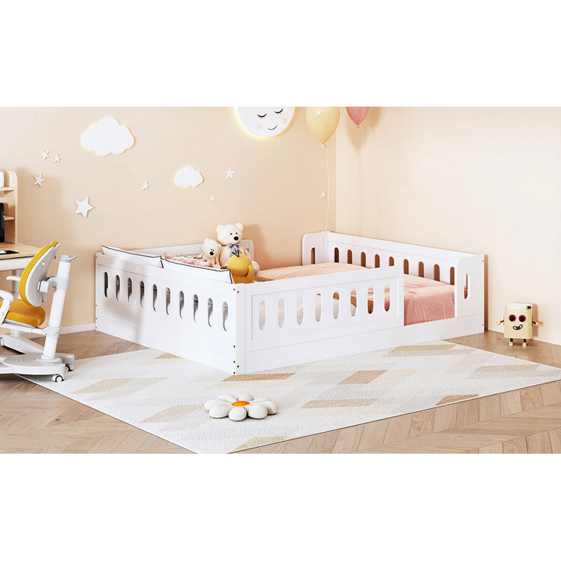Lit plateforme en bois pleine grandeur avec garde-corps, blanc, White