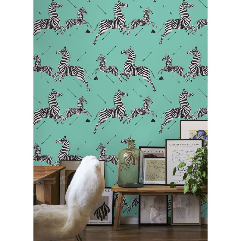 Zebra Vinyl Peel & Stick Wallpaper Double Roll, Aqua